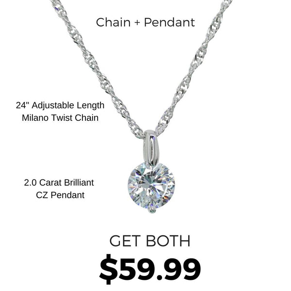 Crystal Collection Necklaces Adjustable Milano Twist Chain + Brilliant CZ Pendant Set in Sterling Silver