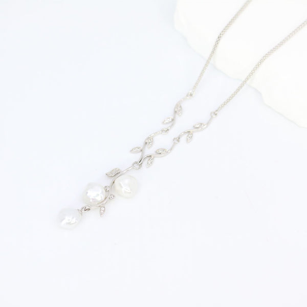 Ocean Collection Necklaces Freshwater Pearl &White Topaz Leaf Necklace