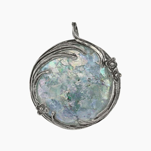 Roman Glass Jewelry Pendants Pendant Roman Glass Round Pendant with Silver Floral Detail